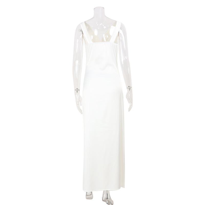 Women's Sleeveless Deep V Neck Draped Maxi Dress Solid White Elegant Casual Dress