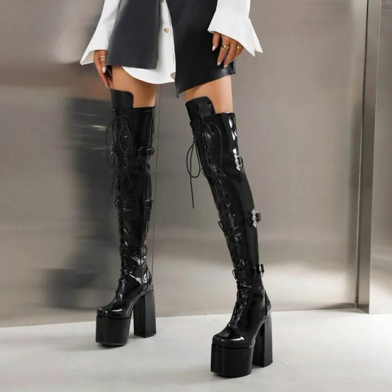 High Heeled Over The Knee Women'S Boots With A Square Buckle And Round Toe Platform Boots Thick Heel Women Shoes Plus Size43