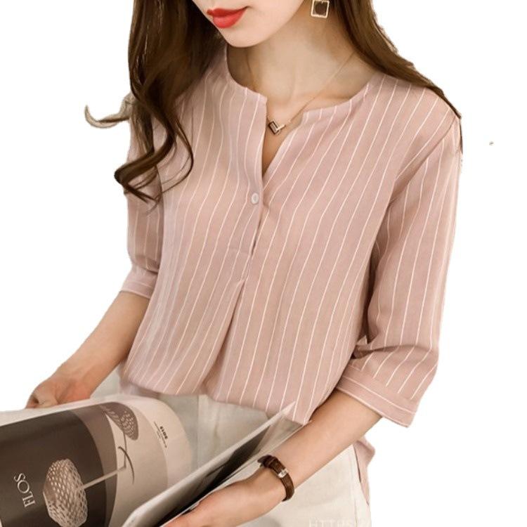 1116 summer new Korean version fashion large size round neck striped shirt women's seven-quarter sleeve top loose casual shirt