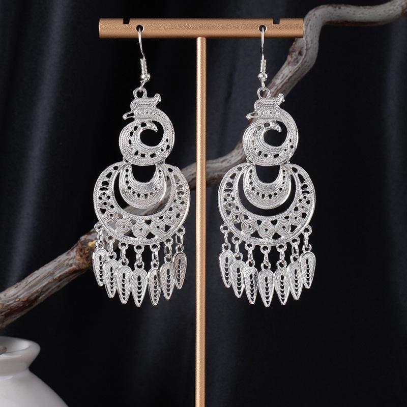 Retro Peacock Phoenix Ethnic Style Earrings Guizhou Scenic Spot Earrings Bohemian Style Long Earrings