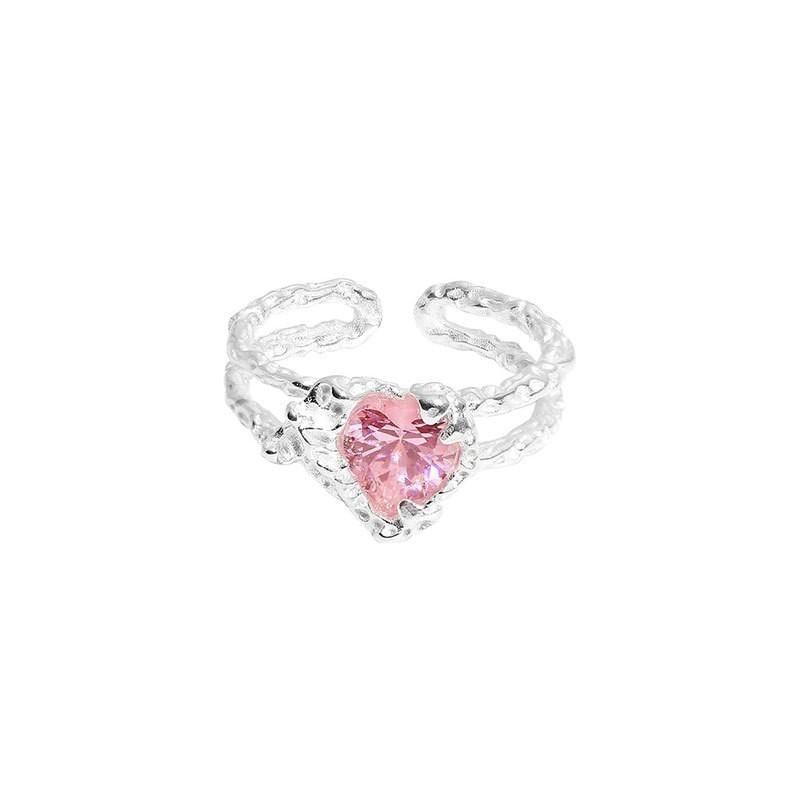 Sweet Pink Heart Shaped Zirconia Ring For Women Sparkling Fashionable Open Ring