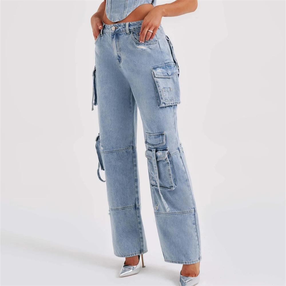 Jeans im amerikanischen Stil mit niedriger Taille und dreidimensionalen Taschennähten für Damen im Herbst mit lockerer Drapierung