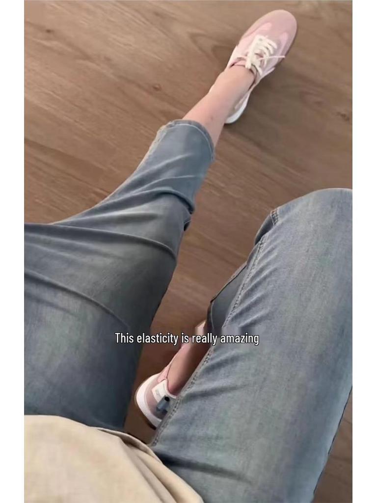 Ice Silk Stretch High-Waist Slimming Jeans for Women - Plus Size, Summer Eight-Point Pants for Petite and Pear-Shaped Bodies