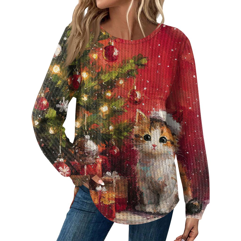 Women's Fashion Long Sleeve Christmas Loose Long Sleeve Round Neck Casual Top