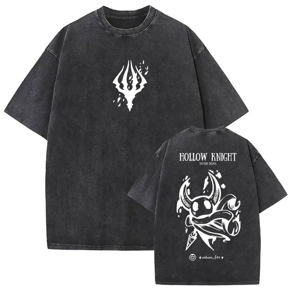 Vintage Washed Hollow Knight Print T-Shirts Men Women Fashion Gothic Short Sleeve T Shirt Summer Cotton Oversized T-shirt