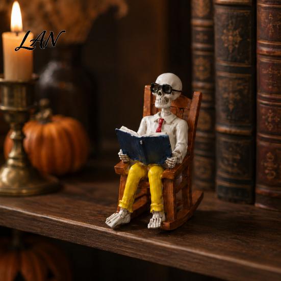 Artistic Skeleton Figurine Set Halloween Figurine, Resin Sitting On Rocking Chair Statue, Drinking Lifelike Statue Coffee Crocheting Reading Tabletop