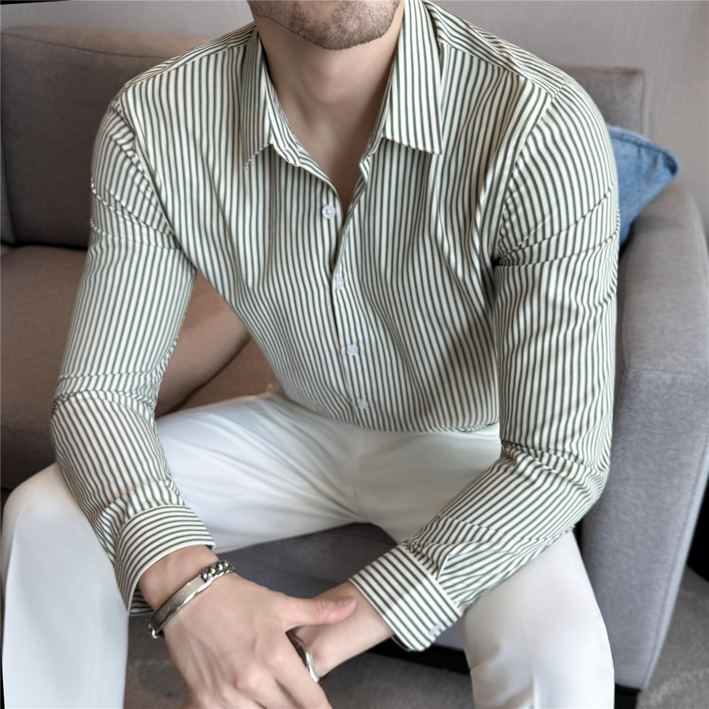 Men s Striped Long Sleeve Shirt - Green White Business Casual Autumn Textured Fabric Slim Fit Office Wear M зелёный
