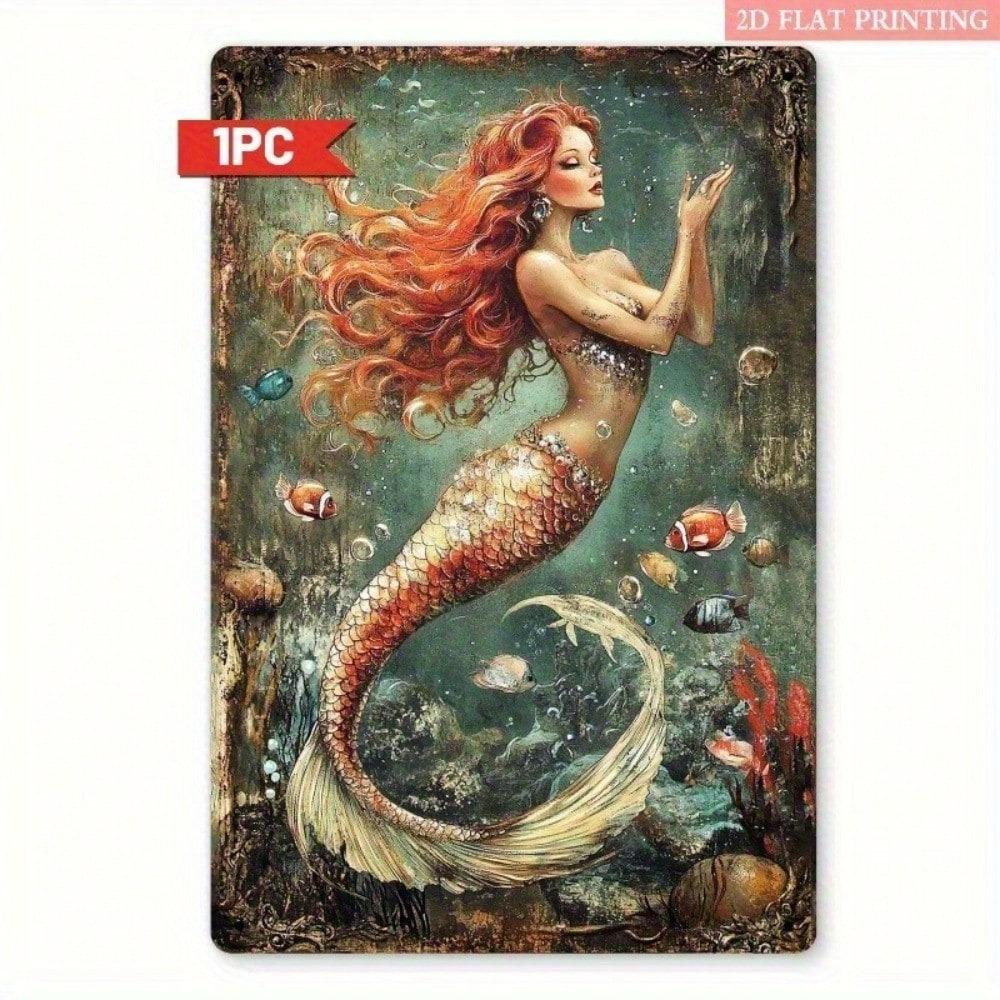 Vintage Redhead Mermaid Metal Tin Sign Retro Wall Art Rustic Hanging Plaque