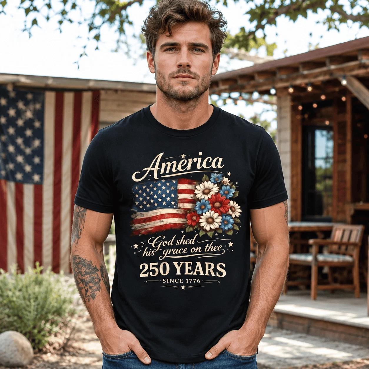 America 250 Years Floral Flag USA 250th Anniversary Patriotic T-Shirt S