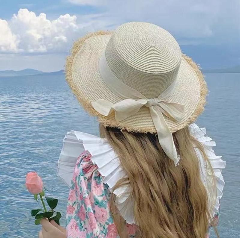Lafite Straw Hat Women'S Summer Seaside Flat Top Sunscreen Sun Hat Beach Fisherman Hat Seaside Photo Straw Woven Hat