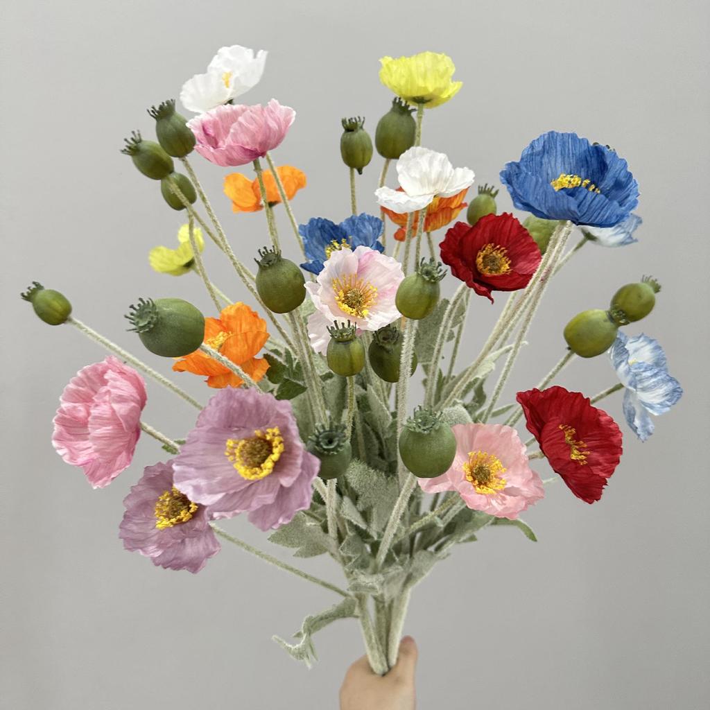 Flocked Poppy Silk Flower - 4-Head Single Stem for Wedding & Home Décor Vase