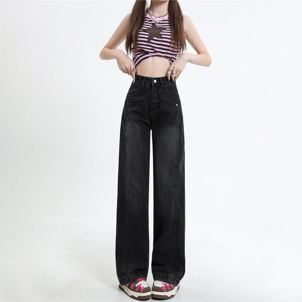 Personalized versatile high-waisted wide-leg jeans women's spring and autumn new design sense thin straight niche floor pants
