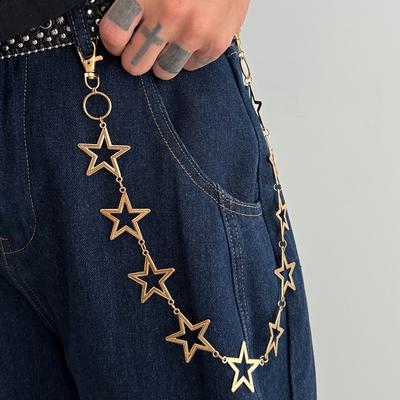 Hiphop Punk Five-Pointed Star Pants Chain for Women Men Rock Goth Geometric Metal Hollow Star Jeans Pants Key Chain Jewelry Gift