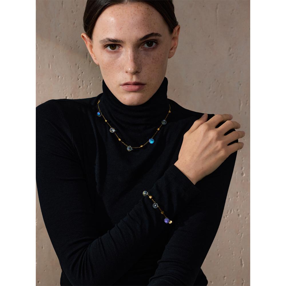 Yhpup Exquisite Stainless Steel Crystal Chain Necklace Bracelet for Women Water Resistant Chic Popular Jewelry Accessories