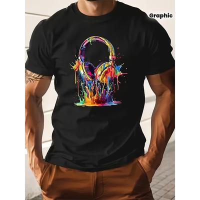 European Sizes Men's Music Lover Graphic T-Shirt - Headphones & Paint Splatter Design, Bold Streetwear Casual Round Neck Short Sleeve Tee