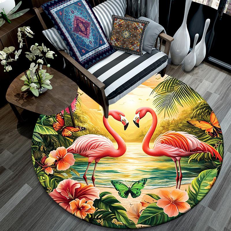 Flamingos Sunset Beach Round Area Rug,Carpet Rug for Living Room Bedroom Sofa Playroom Decor,Non-slip Floor Mat