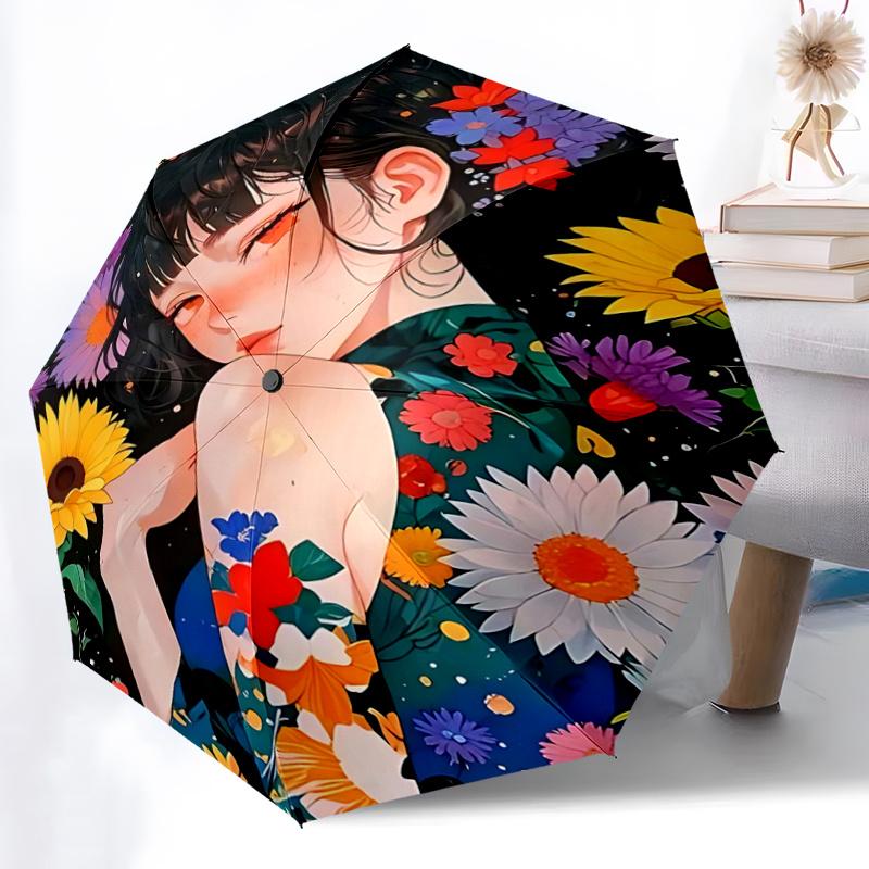 1 Stück Blumenmuster-Regenschirm mit Automatik-Öffnungs-/Schließmechanismus, Faltbares Design, Eisenrahmen, Für den Außenbereich, Festivalgeschenk, Geeignet für Fans, Reisen, D