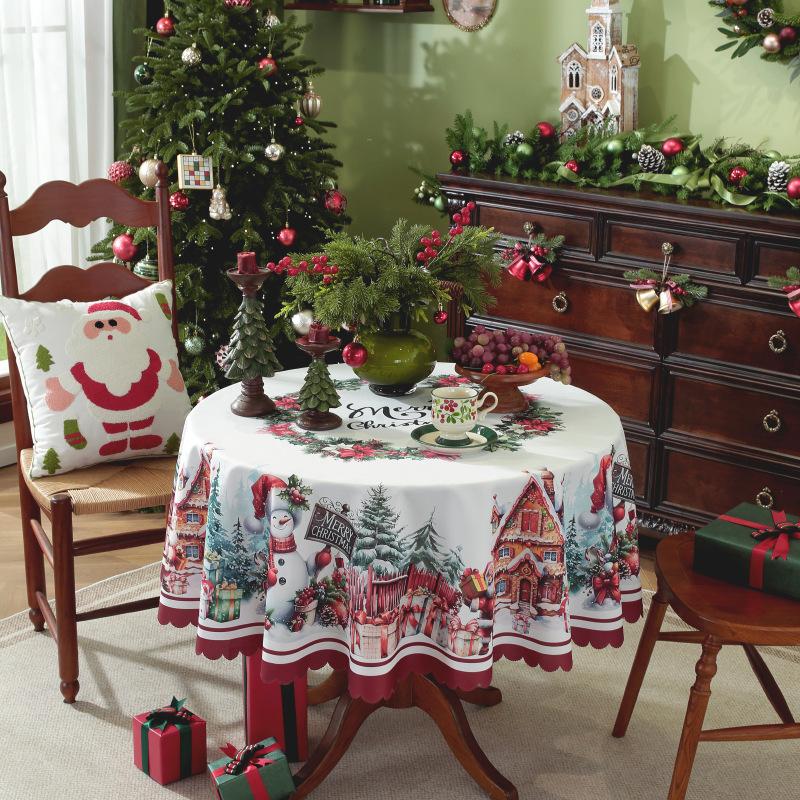 New Christmas Round Tablecloth Red Waterproof and Dustproof Holiday Decoration Table Cloth Stain Resistant and Wrinkle Resistant