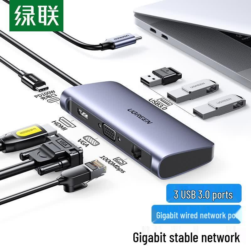 UGREEN 60557 USB-C 7-in-1 Hub with HDMI, VGA, Gigabit Ethernet, 100W PD