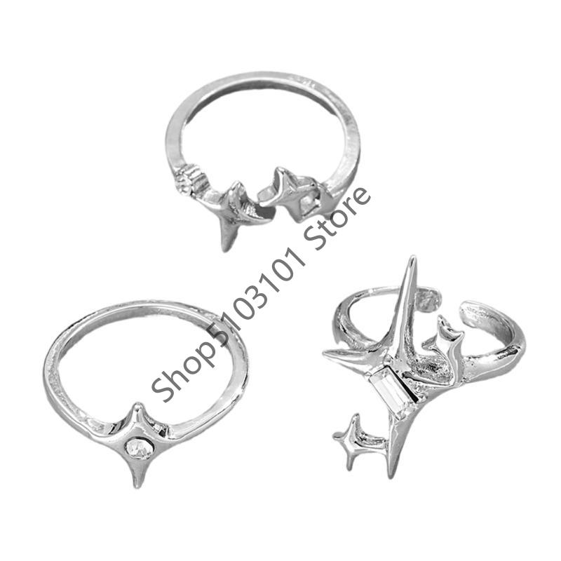 

3pcs Cold Wind Starlight Inlaid Zircon Open Ring Set Handicraft Four Pointed Star Rings Trendy Jewelry Accessories 2026