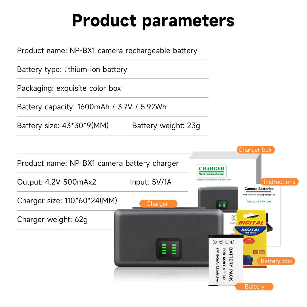 PALO NP-BX1 Np Bx1 Battery + 2 Slots LCD Charger Case for Sony DSC-RX100 DSC-WX500 IV HX300 WX300 HDR-AS15 X3000R MV1 AS30V