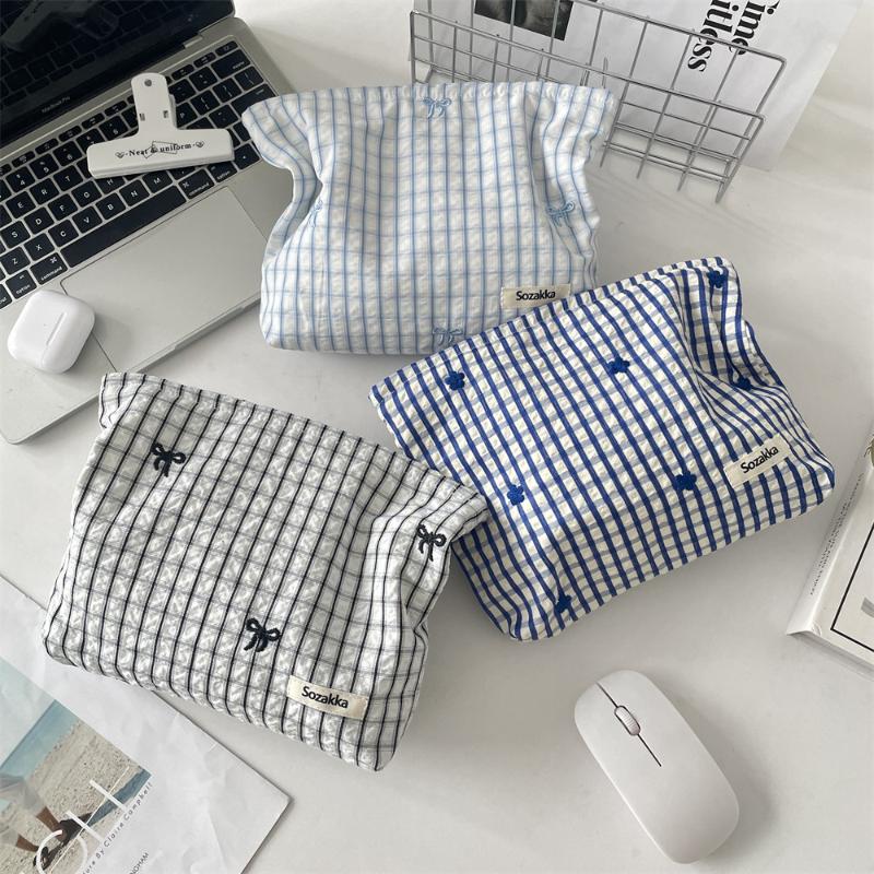 Fashion Fresh Striped Plaid Cosmetic Bag Korean Simple Bow Embroidered Makeup Bag Storage Bag Toiletry Storage Pouch