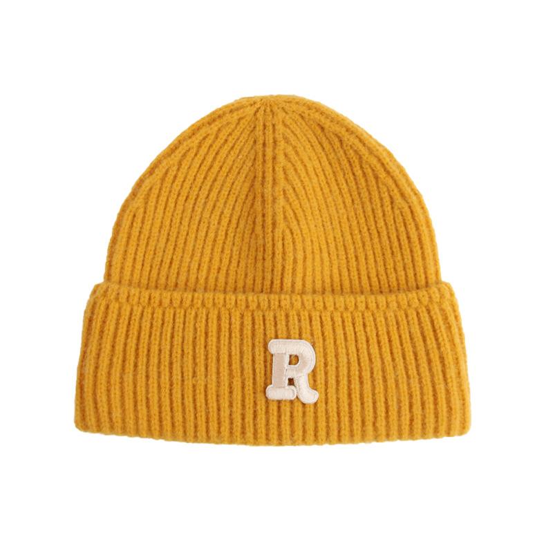 Wool hat women's autumn and winter new letter R standard knitted hat flanged ear protection warm Internet celebrity cold hat tide