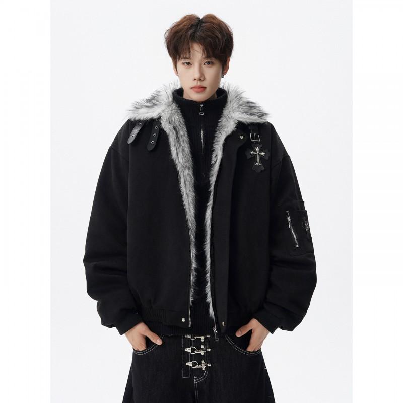 Men Winter Fleece Lined Thick Cotton Jacket Retro Cross Warm Stand Collar Coat