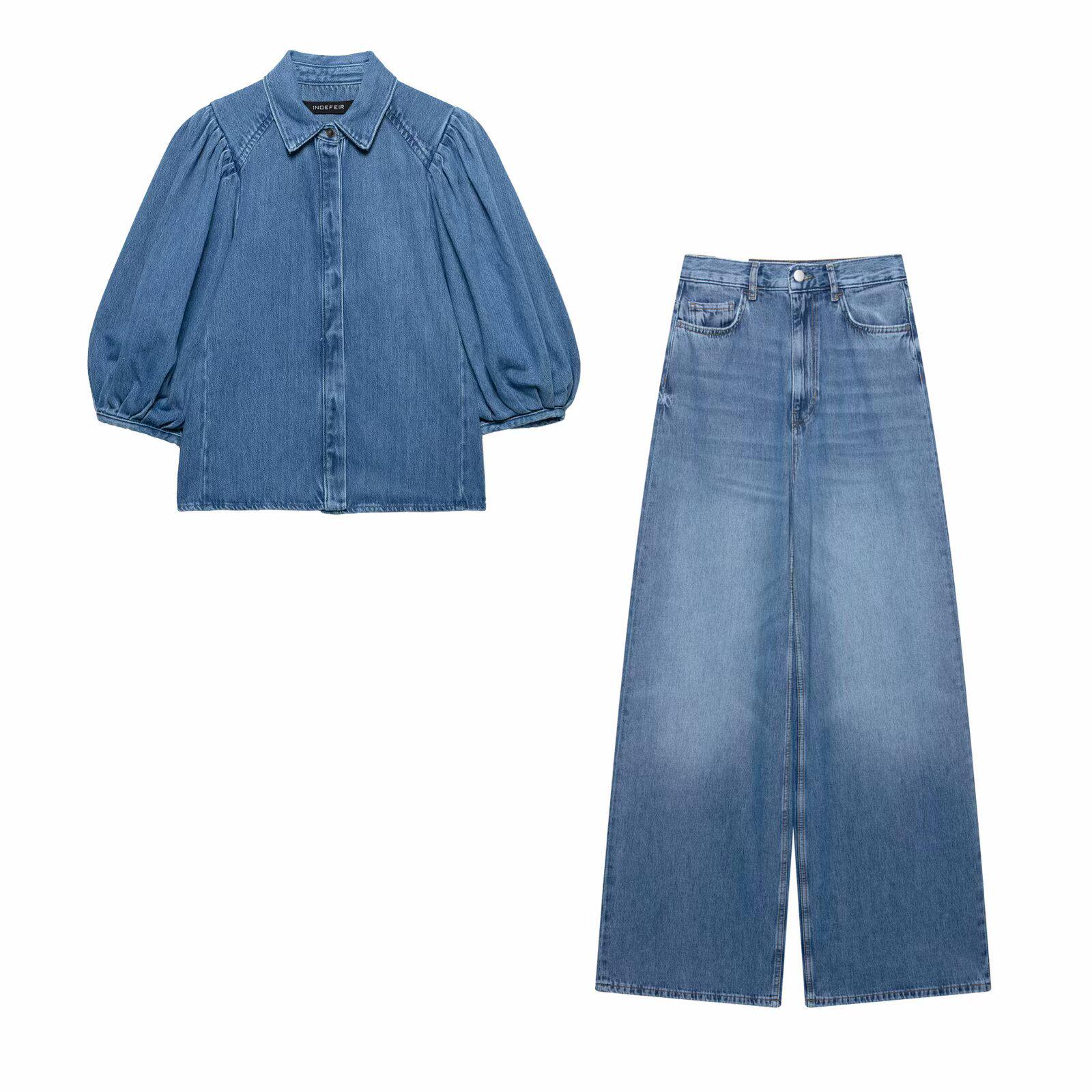 

2025 Spring European & American Women s Denim Shirt and Wide-Leg Pants Set XS