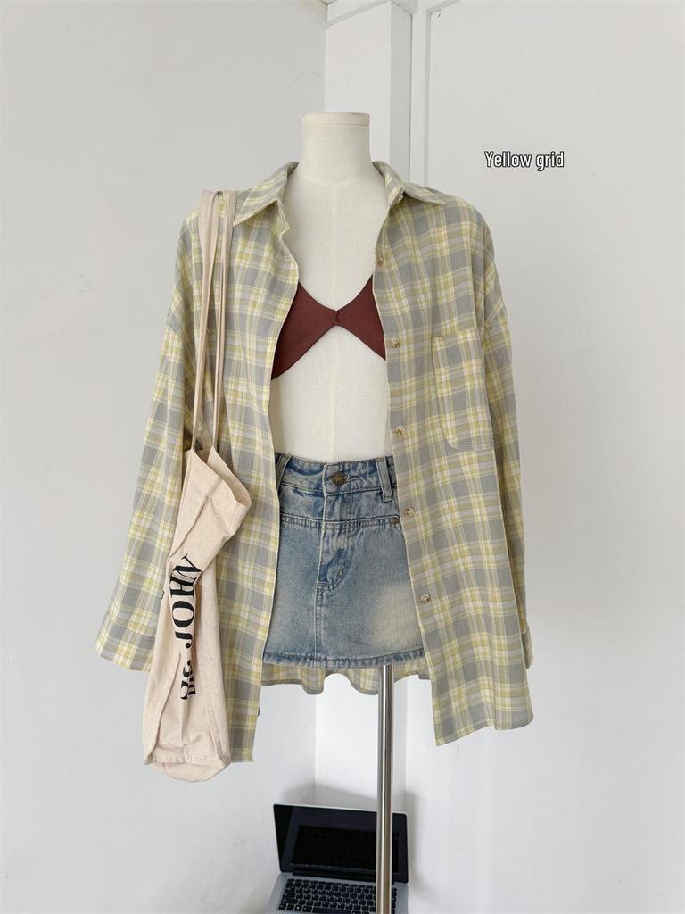 Women's American Retro Plaid Long-Sleeve Cotton-Linen Shirt Jacket