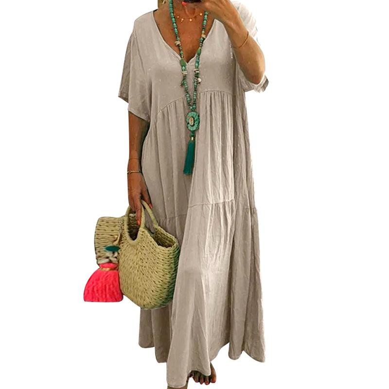 

1Pc Cotton Casual Simple Style Long Dress Baggy V Neck Womens Solid Color хаки