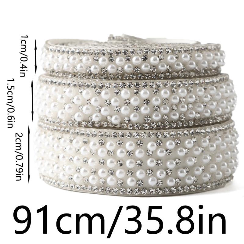(91cm/pack) 1cm/1.5cm/2cm Pearl Rhinestone Lace Self-adhesive Diamond Ribbon Wedding Dress Clothing Home Decoration DIY
