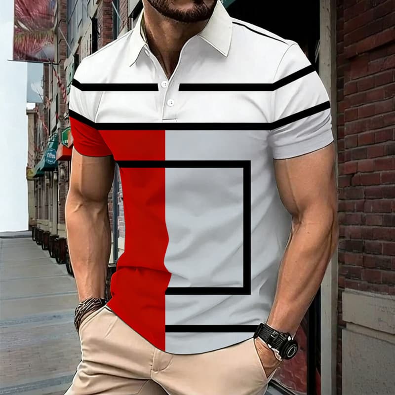 Men's Fashion Color blocked Geometric Printed Short sleeved Polo Shirt
