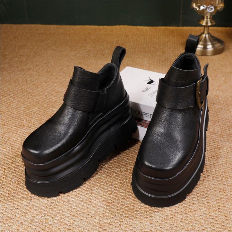 Johnature Platform Shoes Vintage Genuine Leather High Heels Women's Shoes Lightweight Height Increasing Shoes