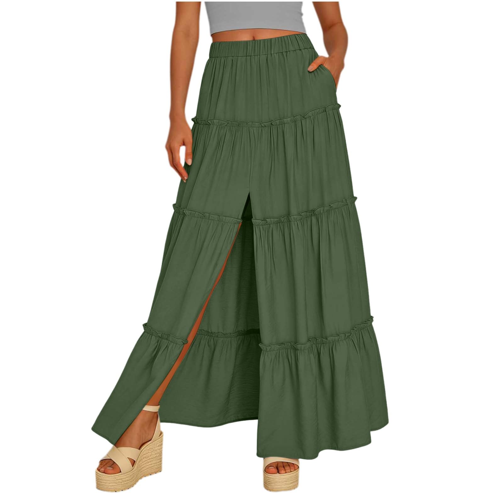 Women s Fashion Color Split Bohemian High Waist Summer Casual Beach Pocket Skirt L армия зеленый