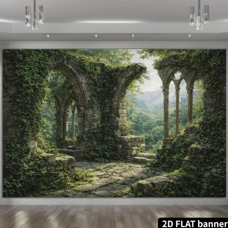 2D Gothic Stone Ruins Ivy Backdrop Enchanted Forest Photography Background