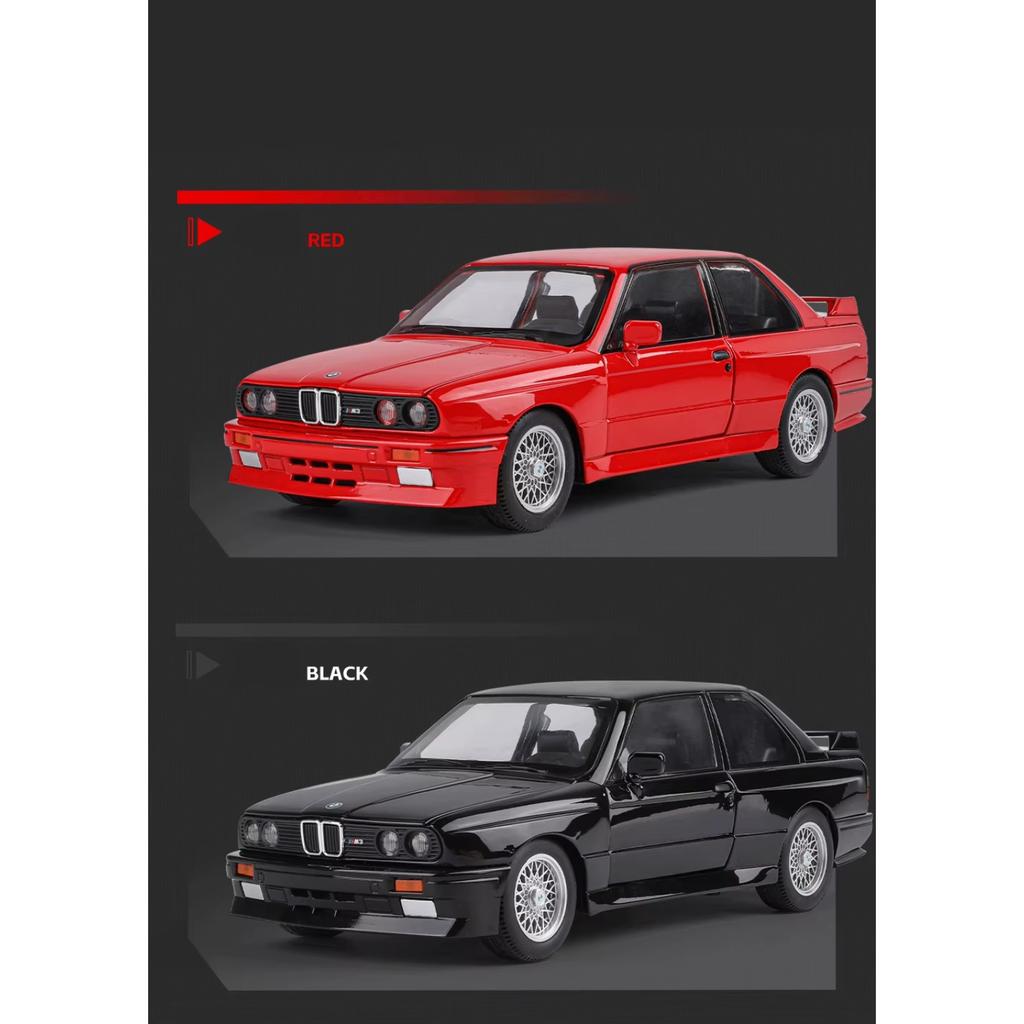 1/24 BMW M3 E30 Toy Car Model Diecast Metal Vehicle Miniature Pull Back Sound Light Doors Openable Collection Gift for Kid Boys