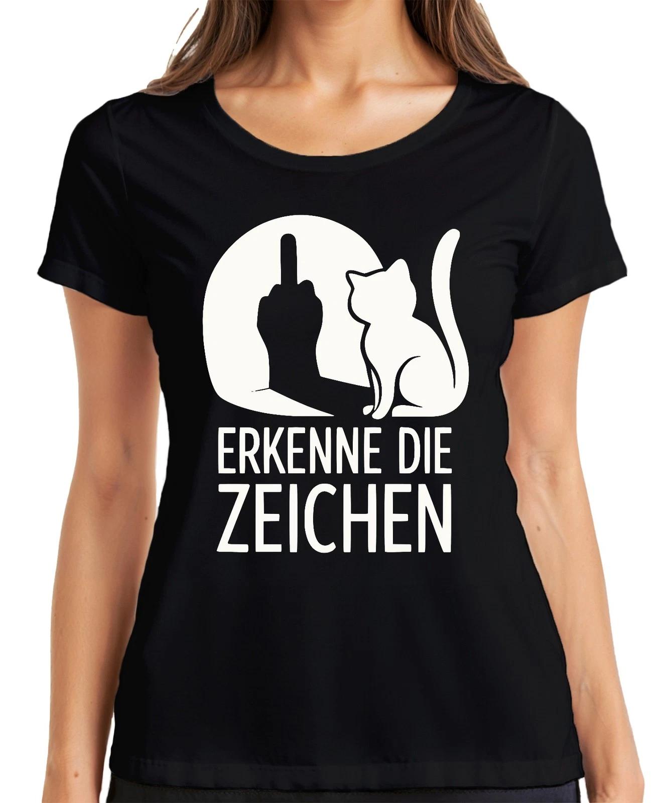 Erkenne die Zeichen Katze Mittelfinger Humor Geschenk Katzen Damen T-Shirt XL