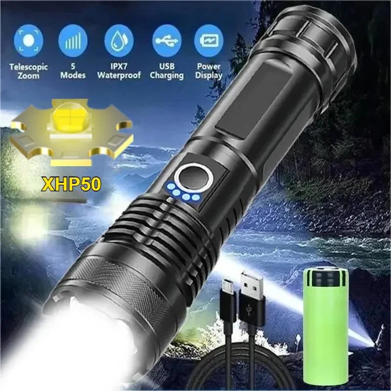 Most Powerful XHP50 LED Flashlight 18650 Rechargeable USB Torch Light Flashlights High Power Long Range Tactical Lantern