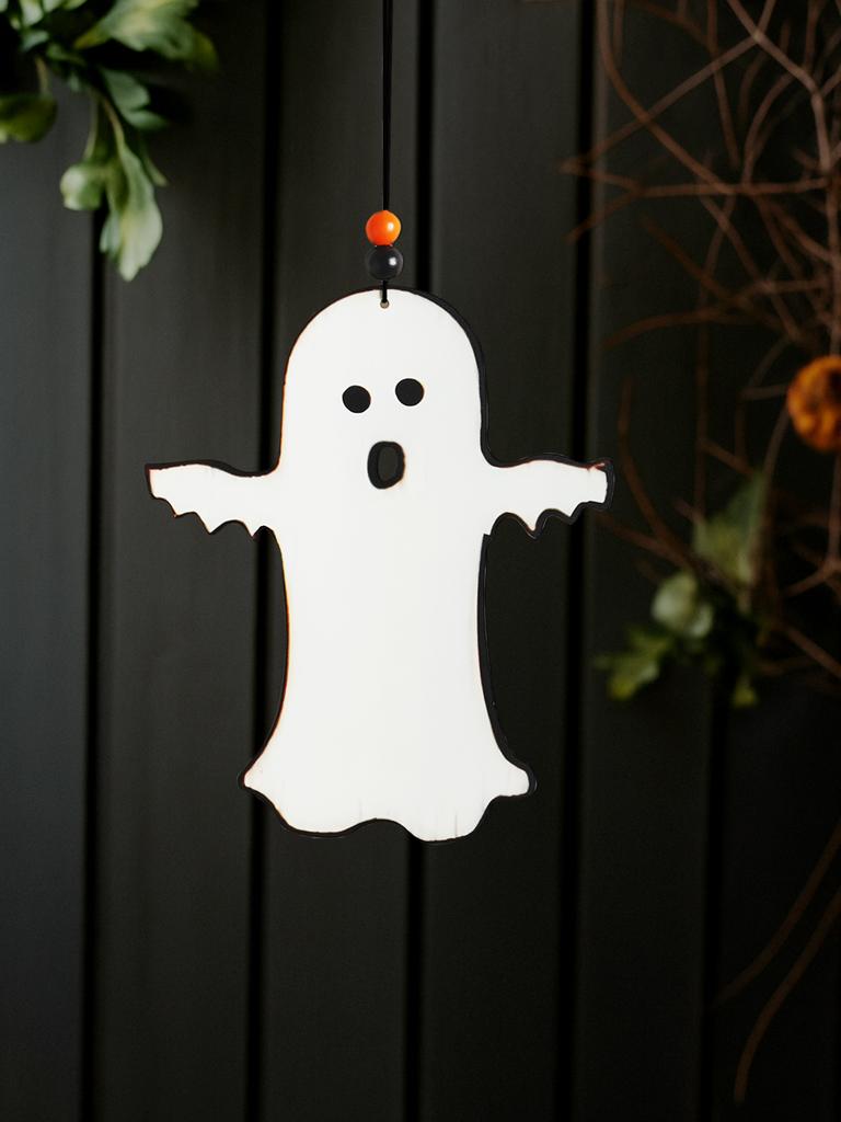 Halloween Wooden Ghost Hanging Ornament, Cute Ghost with Beads Design, Window & Wall Decor Pendant for Home Bedroom Living Room