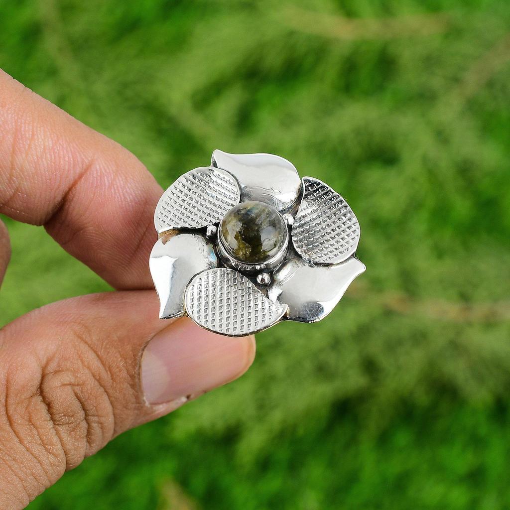 Natural Labradorite Gemstone Statement Flower Blue Adjustable Ring 925 Silver