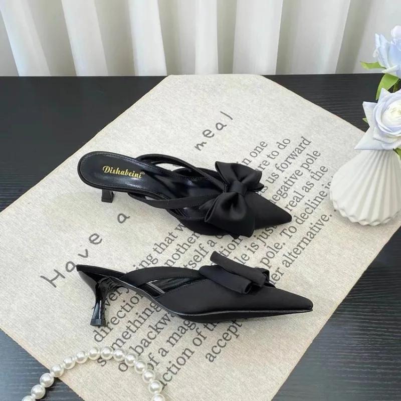 Fairy Style Pink Cool Slippers for Women's Summer  French Pointed Bow Hollow High Heels, Half Wrapped Women's Slippers