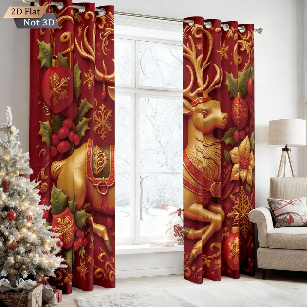 2pcs Christmas reindeer red print blackout curtains insulation multiple sizes living room holiday decoration machine washable