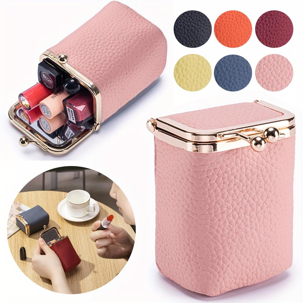 Organisateur de rouge à lèvres en cuir véritable Sac de maquillage vintage avec fermoir à baisers Petit portefeuille pour femmes Élégant étui à rouge à lèvres Porte-monnaie