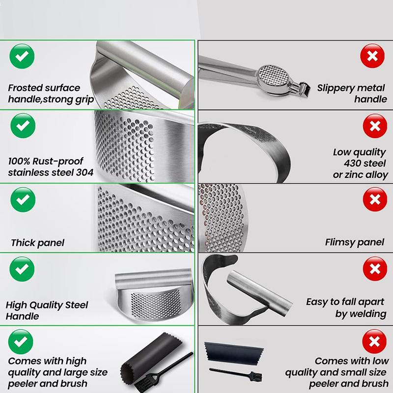 Kitchen Garlic Ginger Press Rocker with Cleaning Brush and Silicone Garlic Peeler Garlic Crusher Stainless Steel