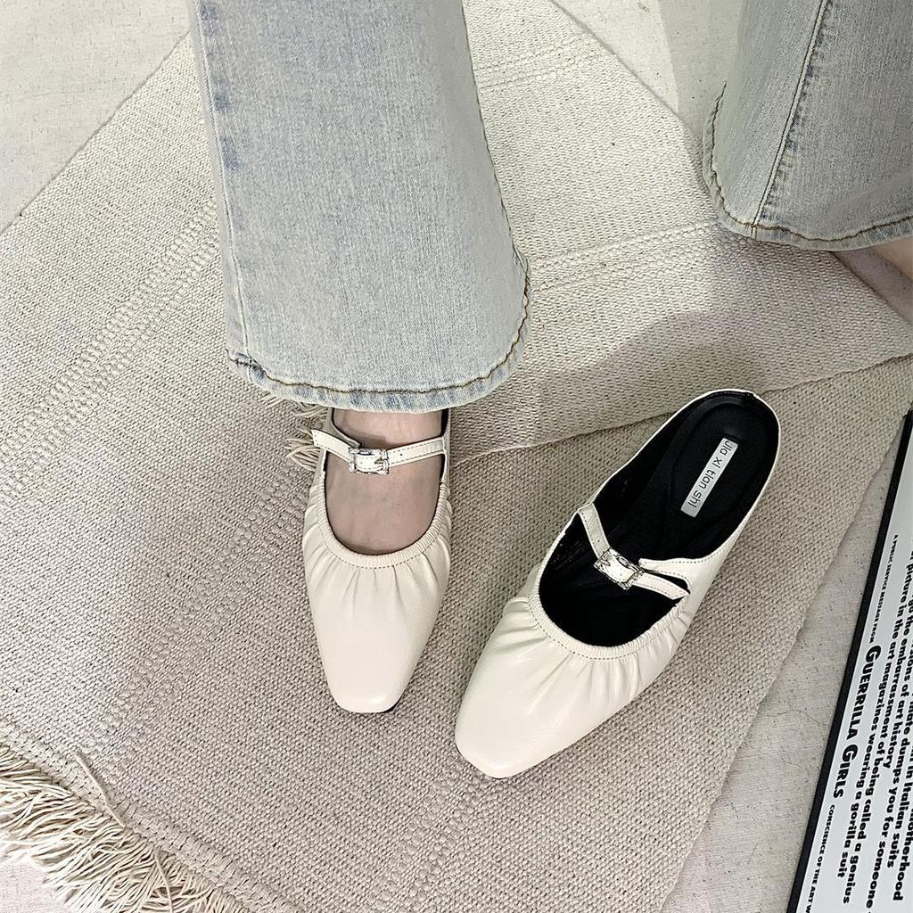 Coarse heel French half slippers silver bag head slippers women's shoes autumn and winter small fragrant Mary Jane single shoes new Chinese shoes