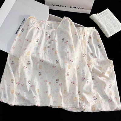2025 Summer Cloud Cotton Cartoon Round Neck Long Sleeve Two-Piece Women's Home Wear Set