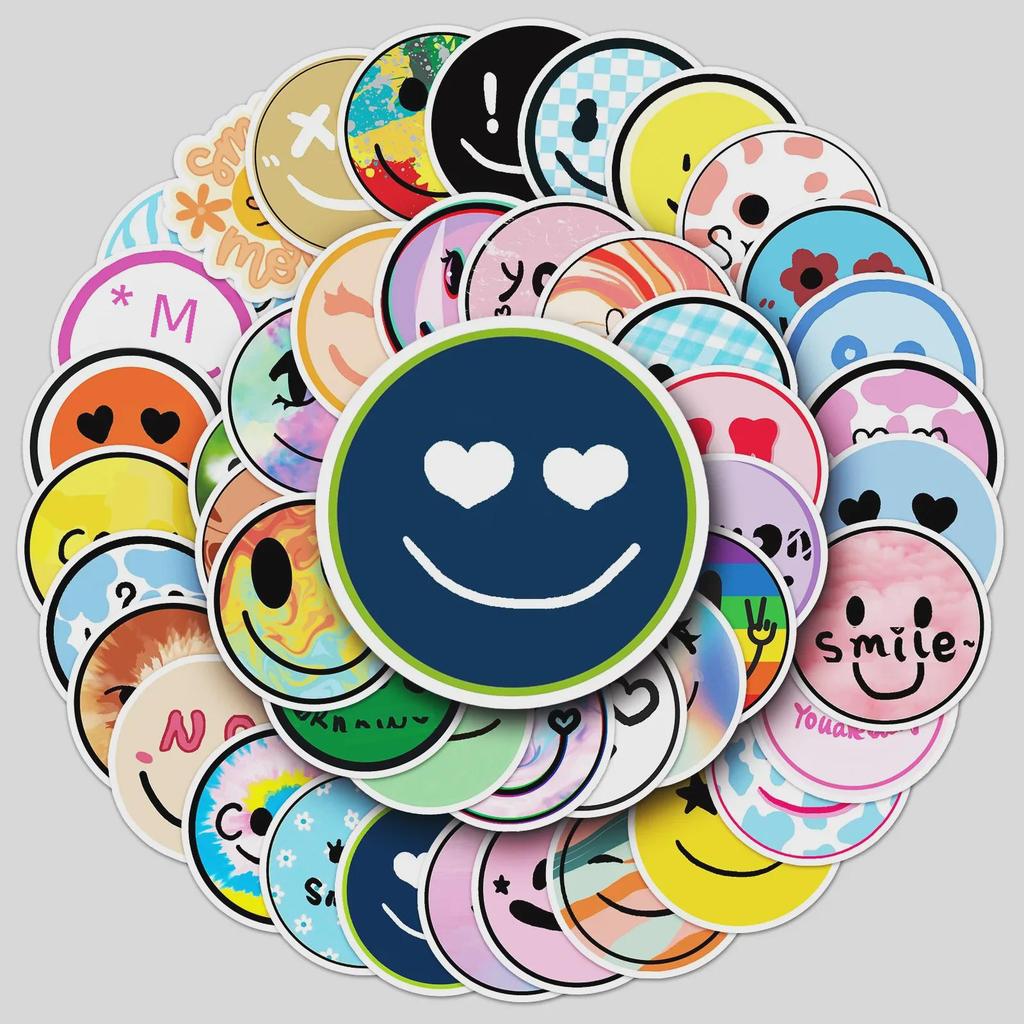 50 Smiley Face Cartoon Stickers - Waterproof DIY for Kids, Phones, Luggage