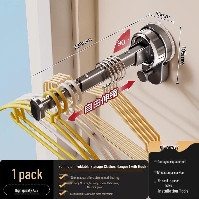 Multifunctional Telescopic Clothes Rack with Strong Suction Cup, Punch-Free Design for Bedroom Storage.