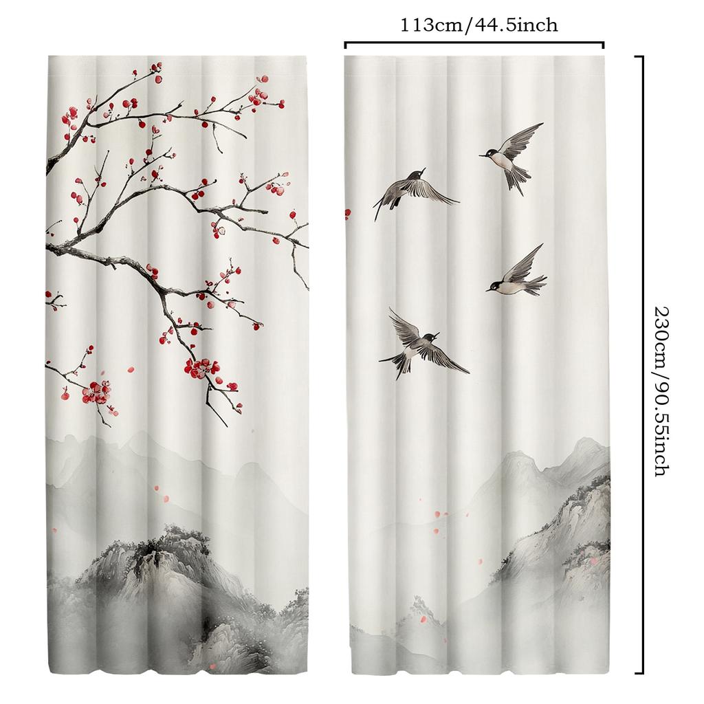 2pcs Classic Japanese Scenery Polyester Curtains   Mountain and Seagull Print Drapes for Living Room and Bedroom Decor